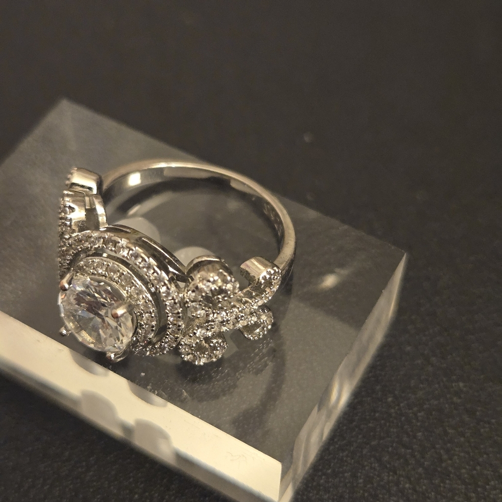 Round Cut Simulated Diamond CZ Wedding Band Halo Half Eternity in 925 sterling - Picture 2 of 3